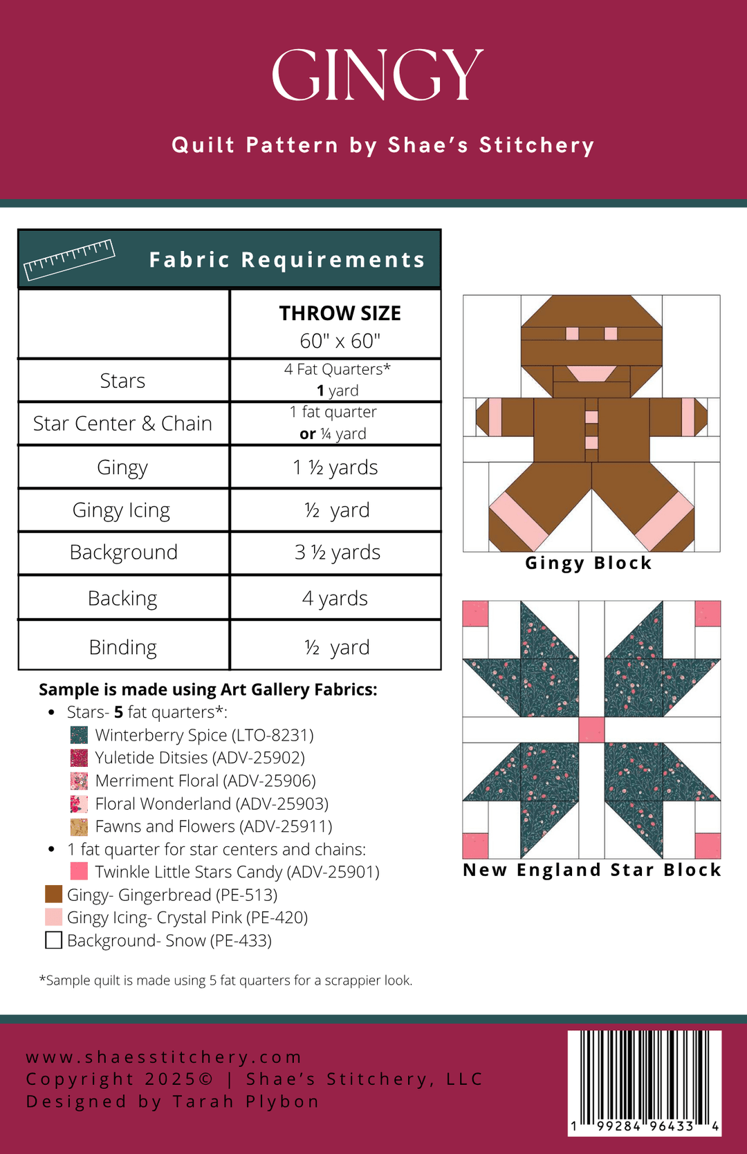 Gingy Quilt Pattern - PAPER (WHOLESALE) - Shae's Stitchery - Quilt Pattern