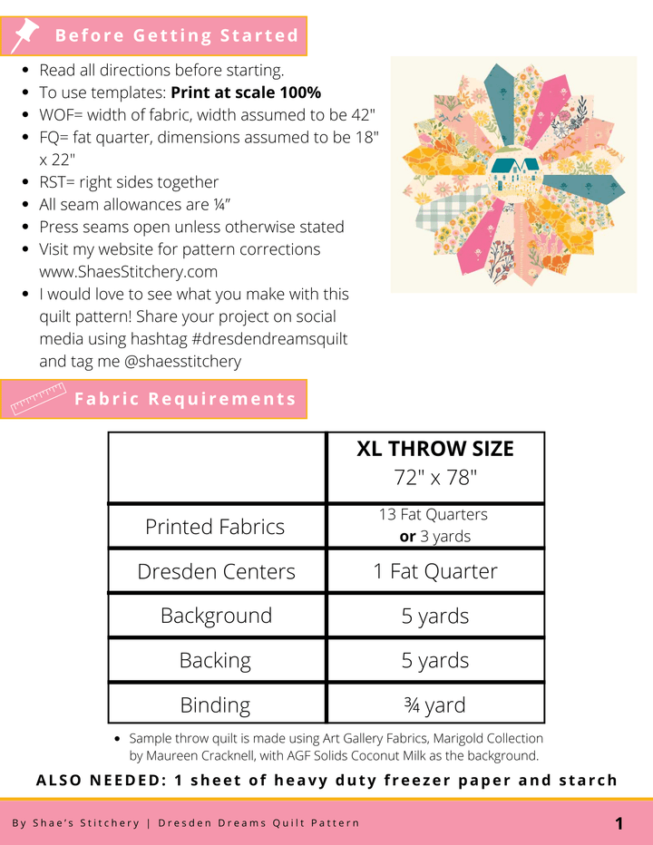FREE! Dresden Dreams Quilt Pattern - PDF - Shae's Stitchery - Quilt Pattern