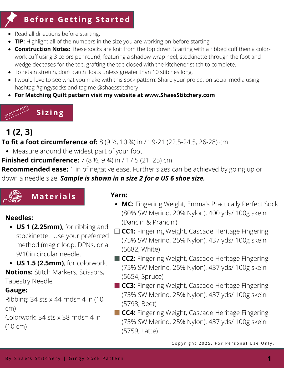 Gingy Sock Pattern - PDF - Shae's Stitchery - Sock Pattern