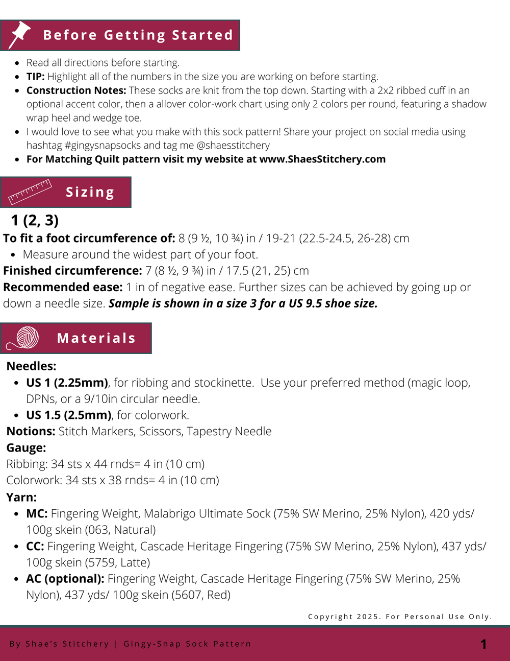 Gingy - SNAP Sock Pattern - PDF - Shae's Stitchery - Sock Pattern