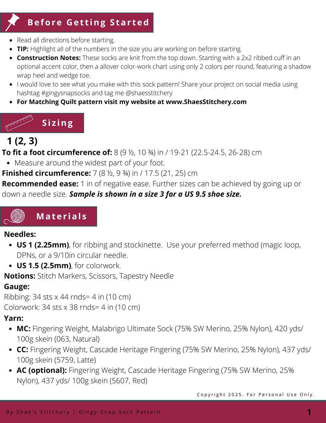 Gingy - SNAP Sock Pattern - PDF - Shae's Stitchery - Sock Pattern