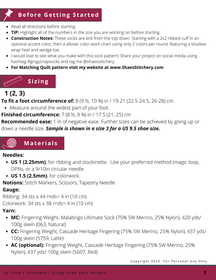 Gingy - SNAP Sock Pattern - PDF - Shae's Stitchery - Sock Pattern