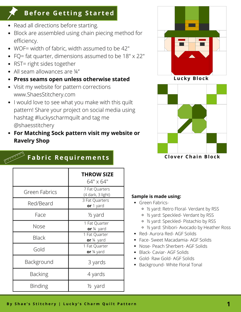 Lucky's Charm Quilt Pattern and Sock Pattern Bundle - PDF - Shae's Stitchery - Quilt Pattern and Sock Pattern Bundle