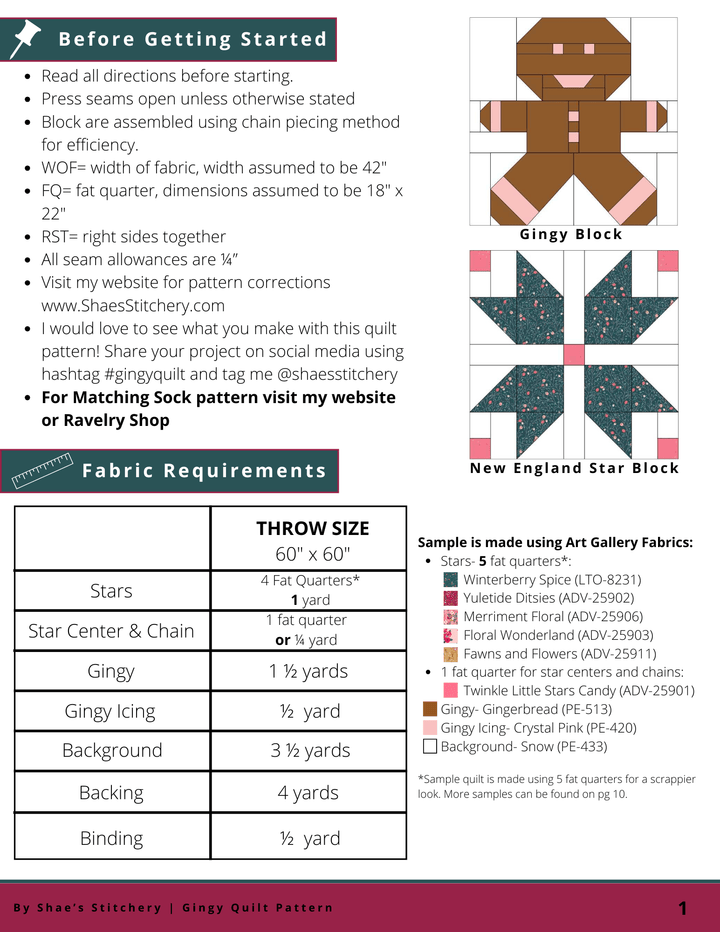 Gingy Quilt Pattern and Sock Pattern Bundle - PDF - Shae's Stitchery - Quilt Pattern