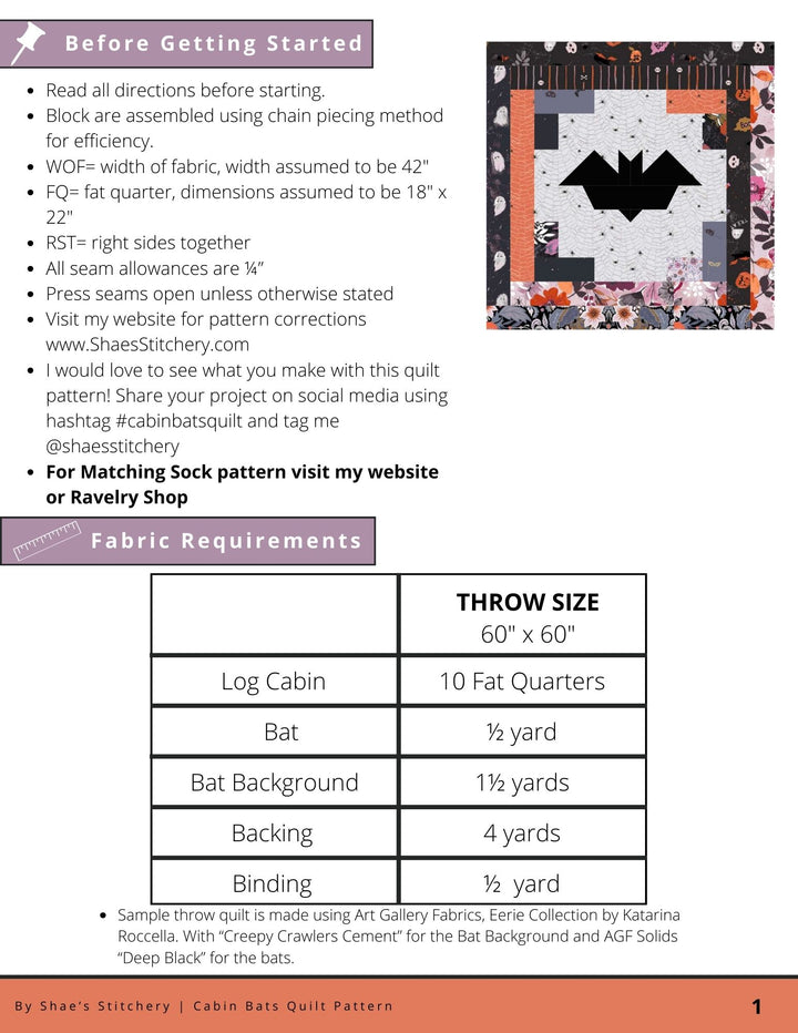 Cabin Bats Quilt Pattern and Sock Pattern Bundle - PDF - Shae's Stitchery - Quilt Pattern and Sock Pattern Bundle