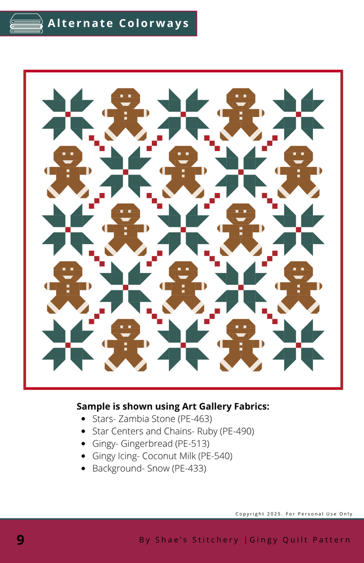 Gingy Quilt Pattern - PAPER (WHOLESALE) - Shae's Stitchery - Quilt Pattern